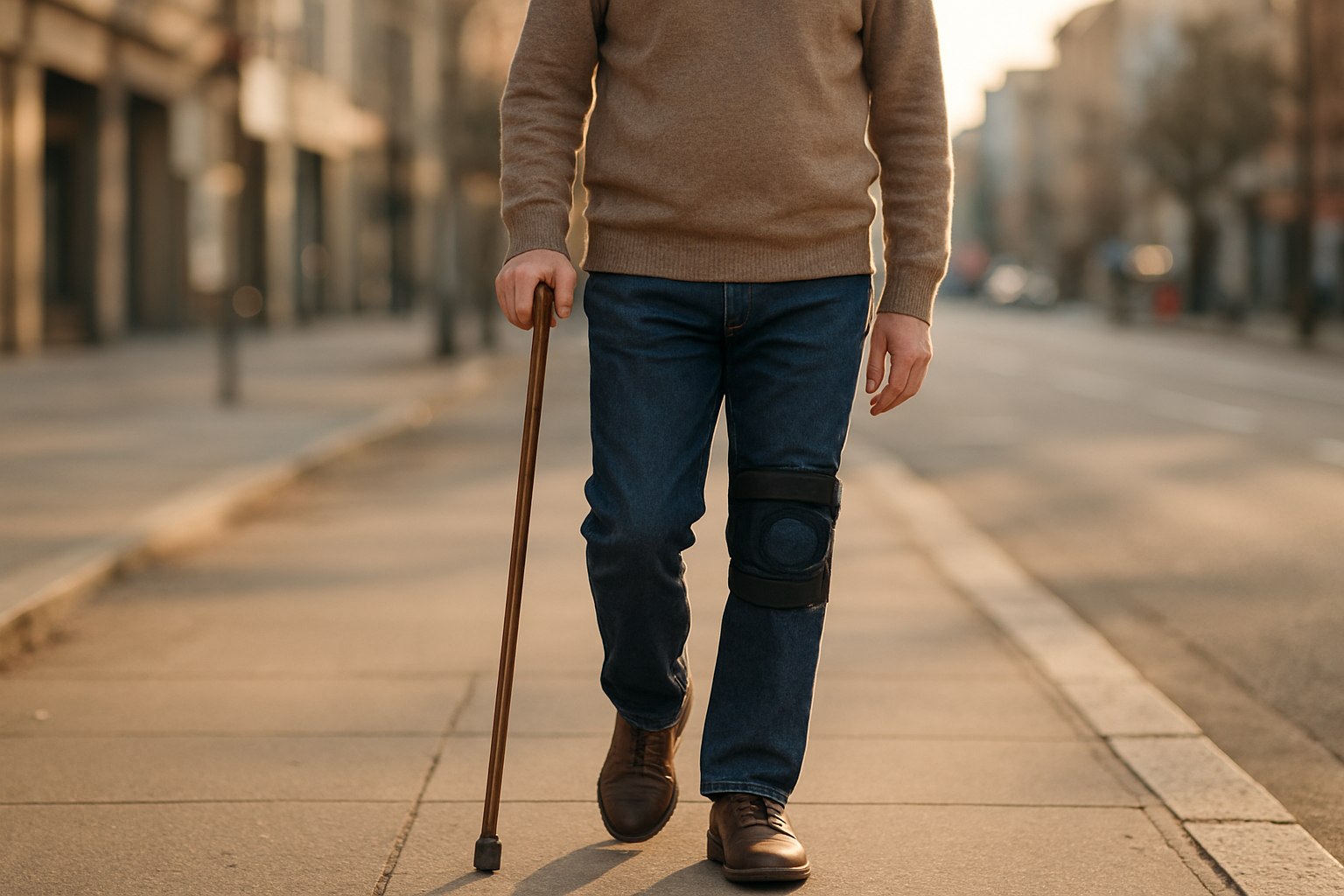 Personne marchant avec une chaussure stable et une canne sur un trottoir plat, lumière naturelle, genou protégé