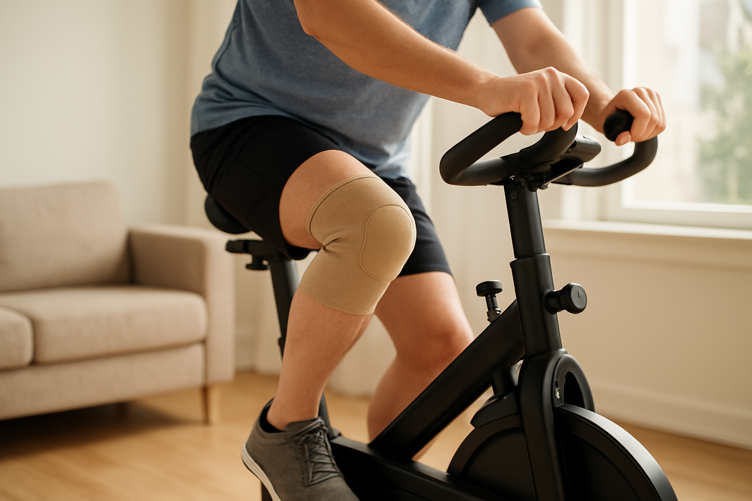 Vélo d’appartement avec selle réglée et pédalage doux, personne portant des chaussures fermées, lumière naturelle