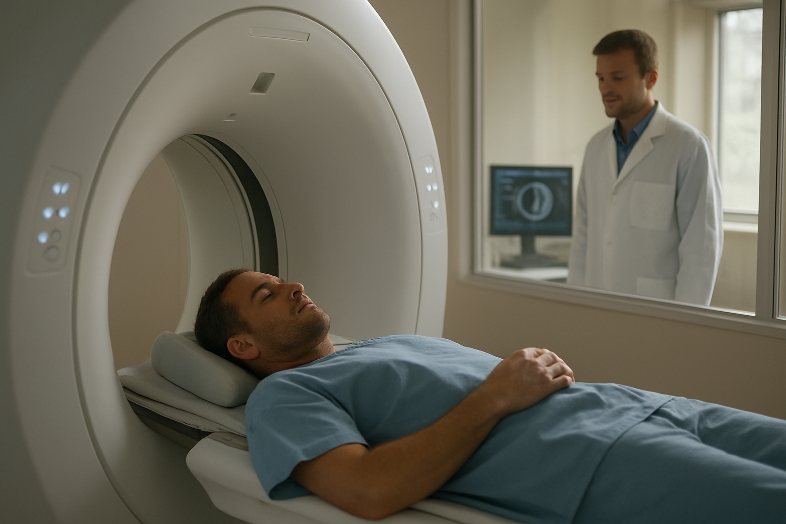 Salle de scanner thoracique : patient allongé sur la table, technicien prêt à lancer l’acquisition