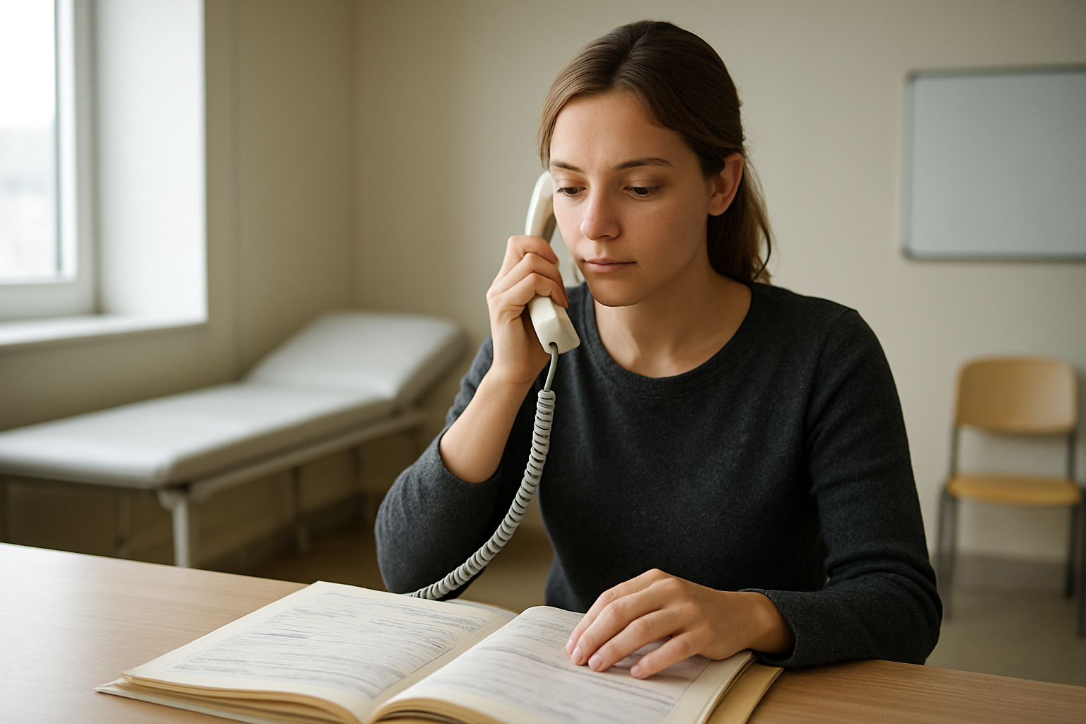 Accueil médical à Brest pendant une urgence dentaire, téléphone et dossier patient sur une table
