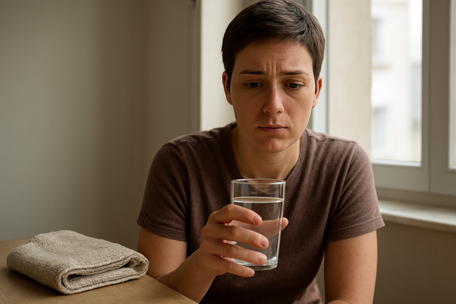 Personne à domicile à Brest tenant un verre d’eau tiède salée près de la joue, en attendant une consultation d’urgence dentaire