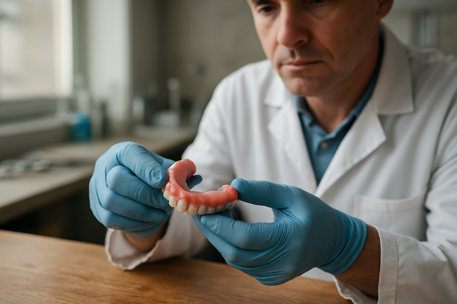 Résine thermoplastique souple d’une prothèse dentaire amovible en laboratoire, lumière naturelle