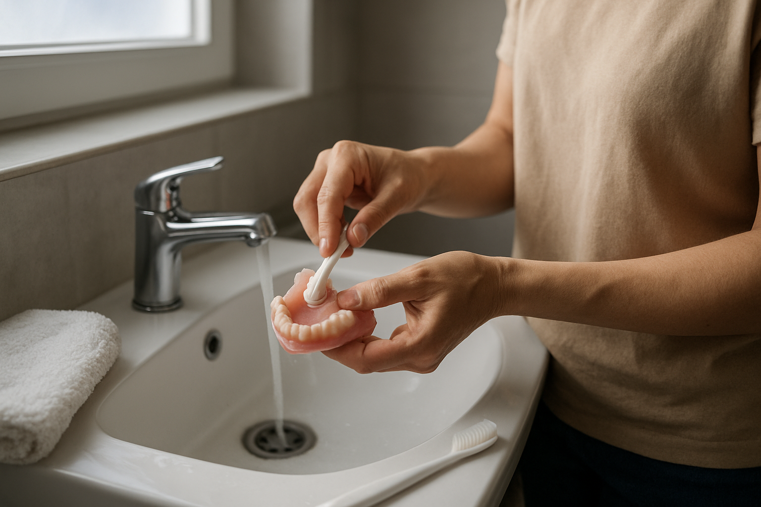 Nettoyage d’une prothèse dentaire amovible en résine thermoplastique dans une salle de bain, lumière naturelle